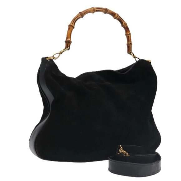 GUCCI Bamboo Hand Bag Suede Leather 2way Black Gold 001 3444 1638 Auth fm4162 - Picture 1 of 16